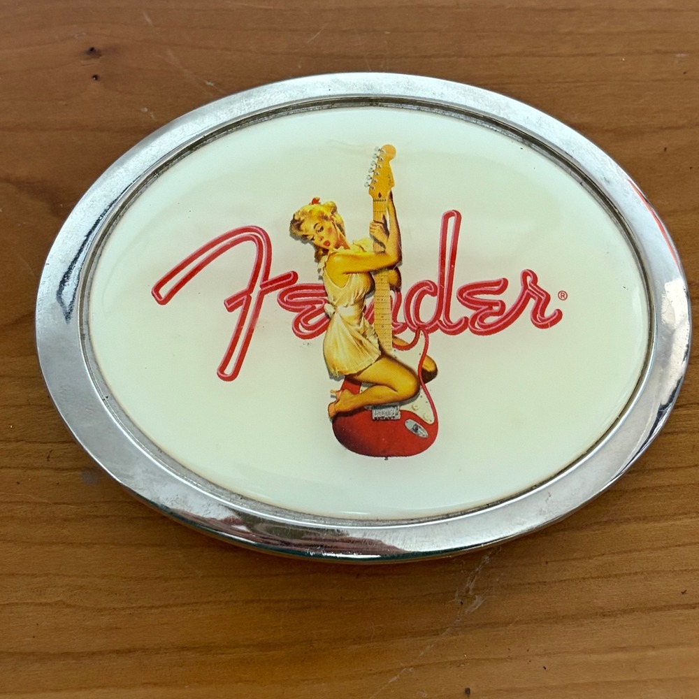 Fender Pin-Up Girl Electric Guitar Belt Buckle Silver Tone Oval Rockabilly